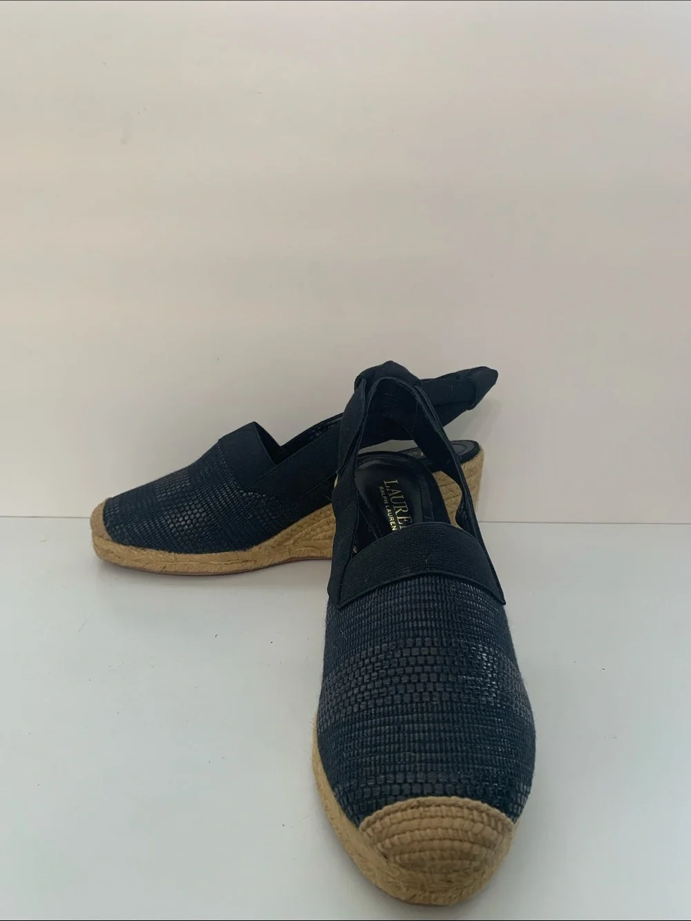 Lauren Ralph Lauren Black Woven Espadrille Slingback Wedges Size 7B
